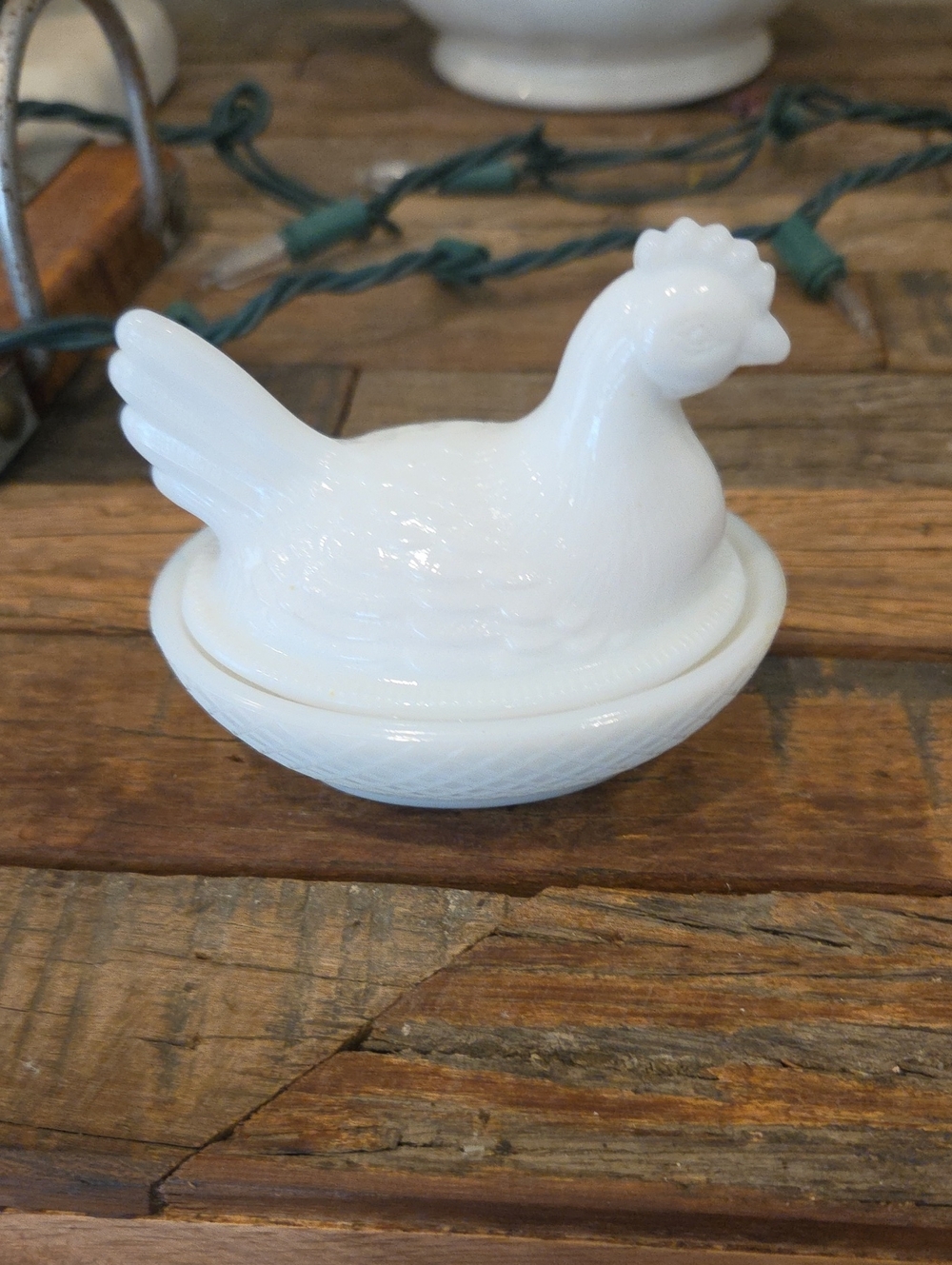 Vintage White Milk Glass Hen on Nest Trinket Dish